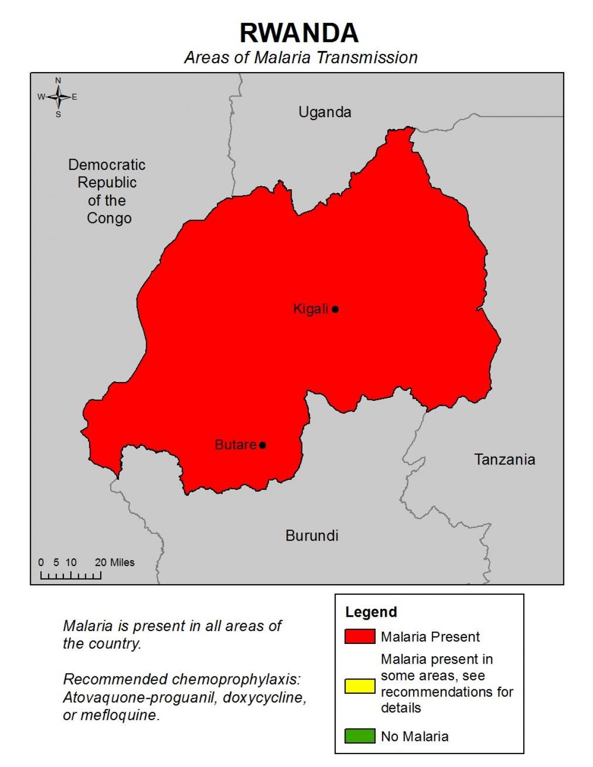 kaart van Rwanda malaria